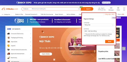 Chuyển đổi sang ngôn ngữ Tiếng Việt để thuận tiện đặt hàng Alibaba