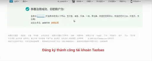 Đăng ký thành công tài khoản Taobao trên máy tính