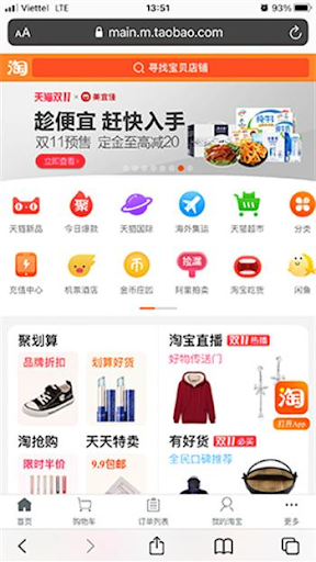 Truy cập vào website của Taobao trên điện thoại hệ điều hành IOS