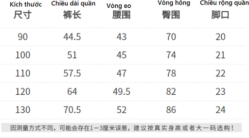 Dịch bảng size quần áo trẻ em Trung Quốc (ảnh minh họa)